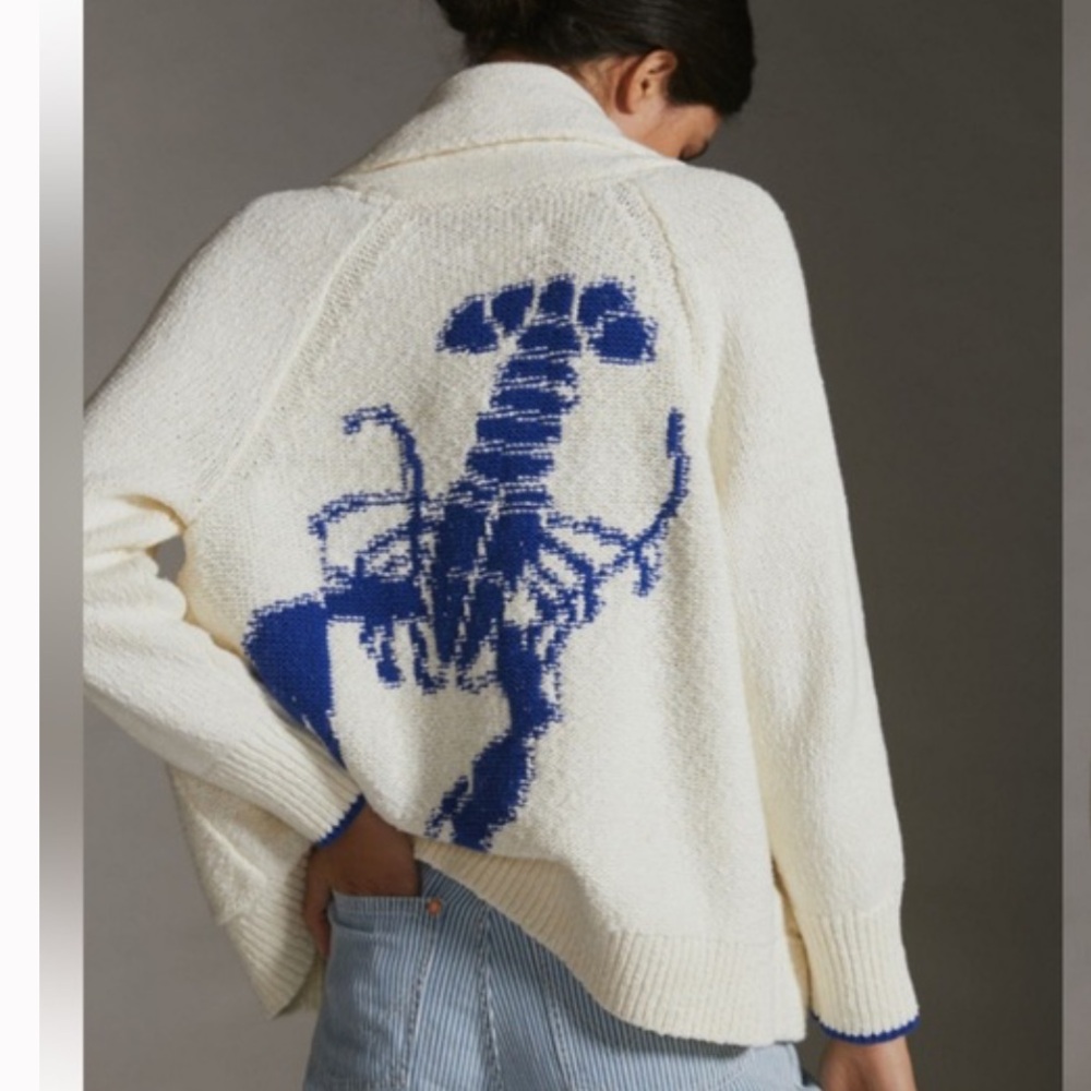 Anthropologie Maeve Blue and Cream Lobster Sweater